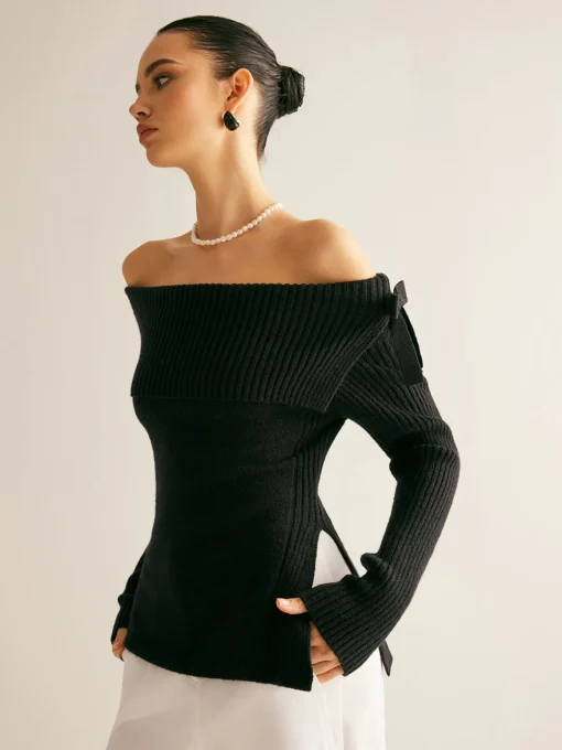 COMMENSE Sweater Tops|Sweaters & Cardigans^Off-Shoulder Ribbed Bow Slit Sweater Black