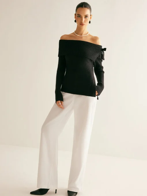 COMMENSE Sweater Tops|Sweaters & Cardigans^Off-Shoulder Ribbed Bow Slit Sweater Black