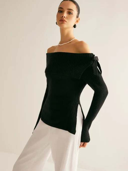 COMMENSE Sweater Tops|Sweaters & Cardigans^Off-Shoulder Ribbed Bow Slit Sweater Black