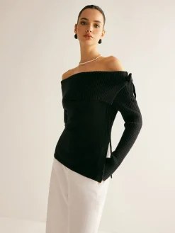 COMMENSE Sweater Tops|Sweaters & Cardigans^Off-Shoulder Ribbed Bow Slit Sweater Black