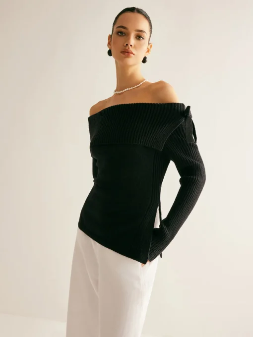 COMMENSE Sweater Tops|Sweaters & Cardigans^Off-Shoulder Ribbed Bow Slit Sweater Black