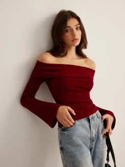 COMMENSE T-shirts|Tops^Off-Shoulder Ribbed Slim Top Burgundy