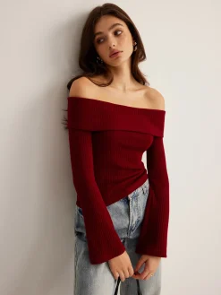 COMMENSE T-shirts|Tops^Off-Shoulder Ribbed Slim Top Burgundy