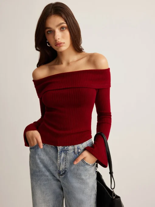 COMMENSE T-shirts|Tops^Off-Shoulder Ribbed Slim Top Burgundy
