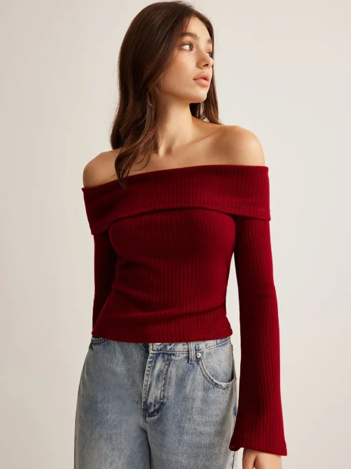 COMMENSE T-shirts|Tops^Off-Shoulder Ribbed Slim Top Burgundy