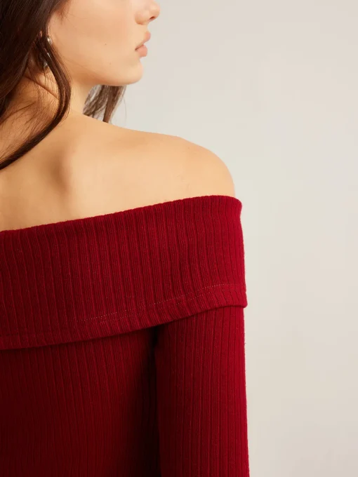 COMMENSE T-shirts|Tops^Off-Shoulder Ribbed Slim Top Burgundy