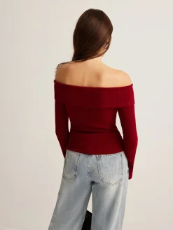 COMMENSE T-shirts|Tops^Off-Shoulder Ribbed Slim Top Burgundy