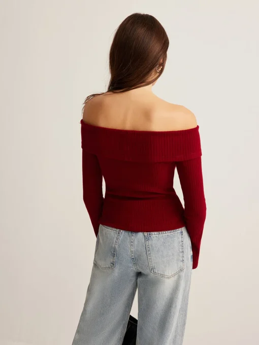 COMMENSE T-shirts|Tops^Off-Shoulder Ribbed Slim Top Burgundy