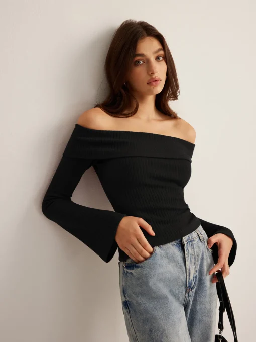 COMMENSE T-shirts|Tops^Off-Shoulder Ribbed Slim Top Burgundy