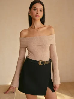 COMMENSE T-shirts|Tops^Off-Shoulder Ribbed Slim Top Burgundy