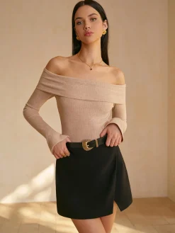 COMMENSE T-shirts|Tops^Off-Shoulder Ribbed Slim Top Burgundy