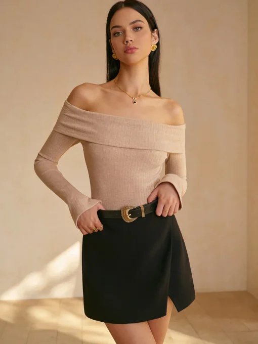 COMMENSE T-shirts|Tops^Off-Shoulder Ribbed Slim Top Burgundy