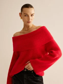 COMMENSE Sweater Tops|Sweaters & Cardigans^Off-Shoulder Ribbed Sweater Red