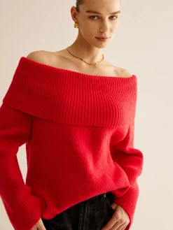 COMMENSE Sweater Tops|Sweaters & Cardigans^Off-Shoulder Ribbed Sweater Red