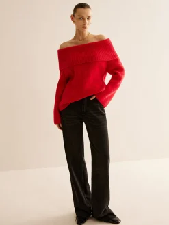 COMMENSE Sweater Tops|Sweaters & Cardigans^Off-Shoulder Ribbed Sweater Red