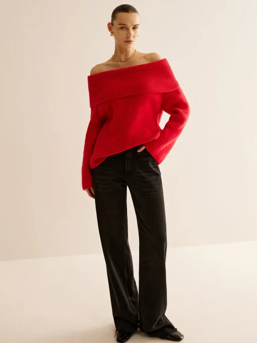 COMMENSE Sweater Tops|Sweaters & Cardigans^Off-Shoulder Ribbed Sweater Red