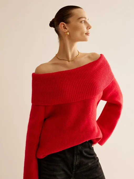COMMENSE Sweater Tops|Sweaters & Cardigans^Off-Shoulder Ribbed Sweater Red