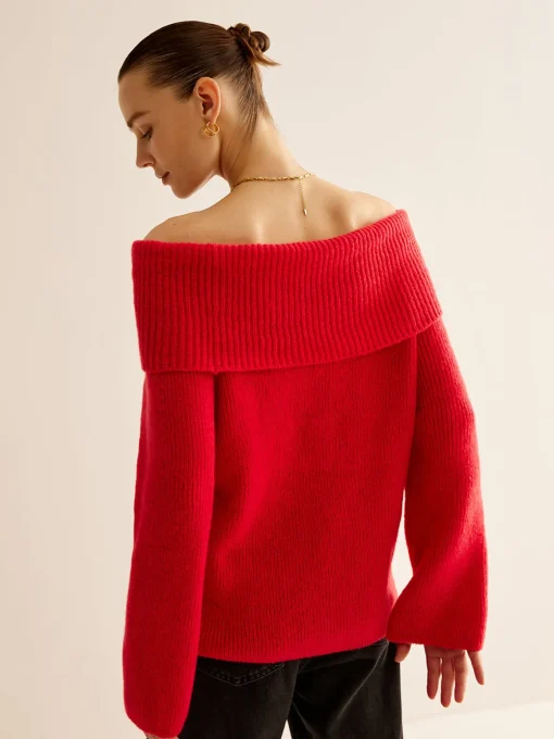 COMMENSE Sweater Tops|Sweaters & Cardigans^Off-Shoulder Ribbed Sweater Red
