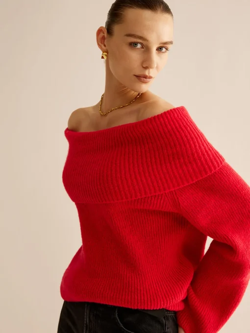 COMMENSE Sweater Tops|Sweaters & Cardigans^Off-Shoulder Ribbed Sweater Red