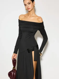 COMMENSE Dresses^Off-Shoulder Ruched Bow Split Dress Black