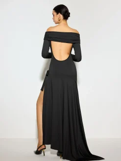COMMENSE Dresses^Off-Shoulder Ruched Bow Split Dress Black