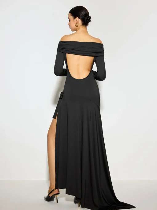 COMMENSE Dresses^Off-Shoulder Ruched Bow Split Dress Black