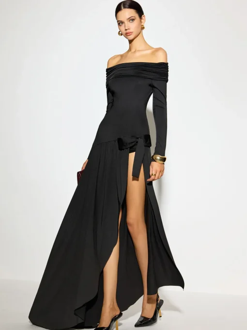 COMMENSE Dresses^Off-Shoulder Ruched Bow Split Dress Black