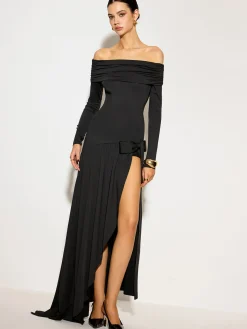 COMMENSE Dresses^Off-Shoulder Ruched Bow Split Dress Black