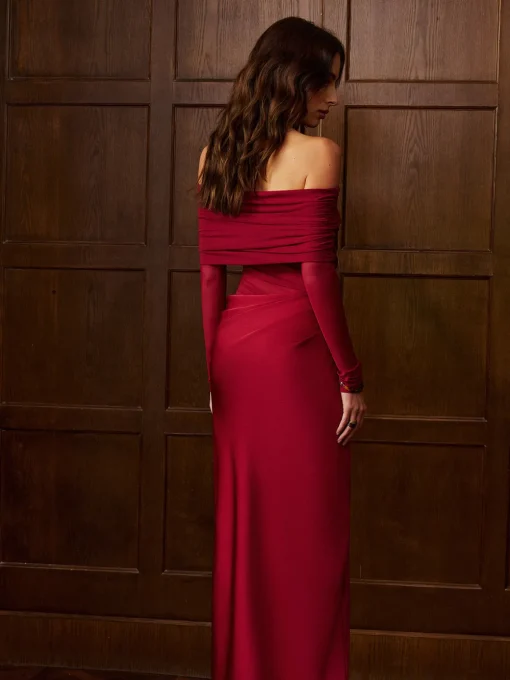 COMMENSE Dresses^Off-Shoulder Ruched Satin Panel Dress Burgundy