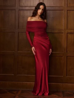 COMMENSE Dresses^Off-Shoulder Ruched Satin Panel Dress Burgundy