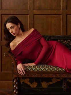 COMMENSE Dresses^Off-Shoulder Ruched Satin Panel Dress Burgundy