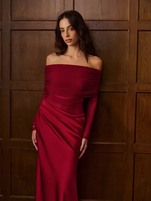 COMMENSE Dresses^Off-Shoulder Ruched Satin Panel Dress Burgundy