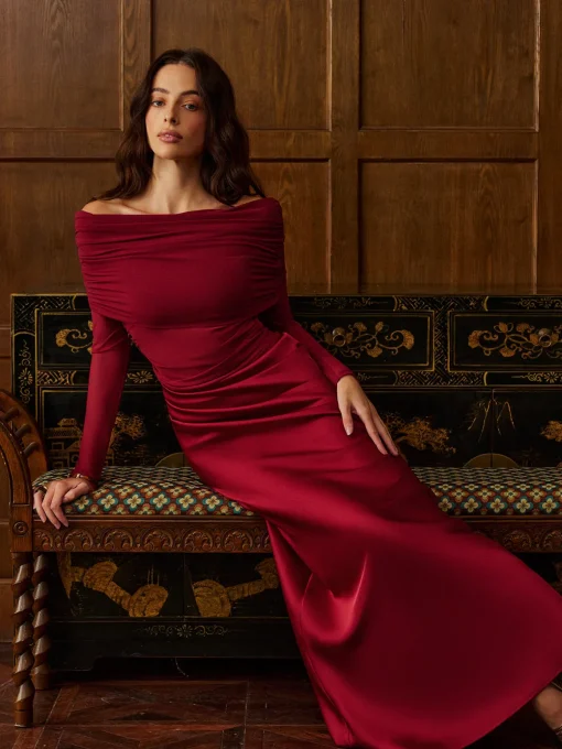 COMMENSE Dresses^Off-Shoulder Ruched Satin Panel Dress Burgundy