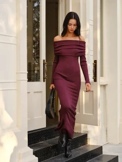 COMMENSE Sweater Dresses|Sweater Dresses^Off-Shoulder Sweater Skinny Dress Burgundy