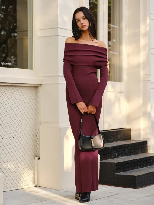 COMMENSE Sweater Dresses|Sweater Dresses^Off-Shoulder Sweater Skinny Dress Burgundy