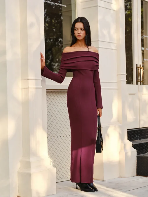 COMMENSE Sweater Dresses|Sweater Dresses^Off-Shoulder Sweater Skinny Dress Burgundy