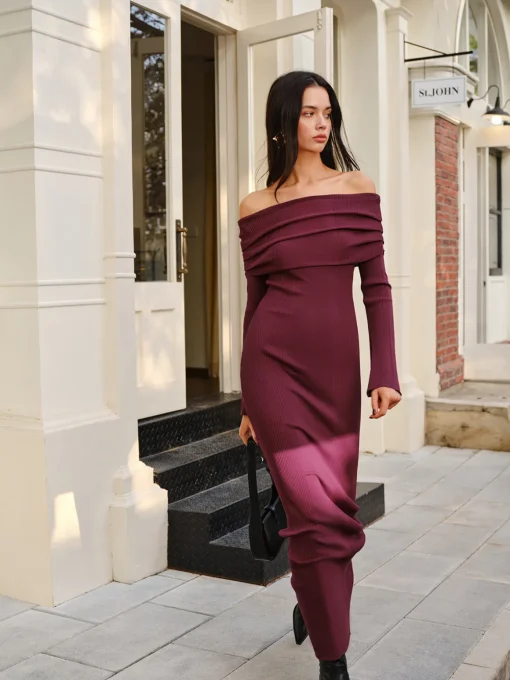 COMMENSE Sweater Dresses|Sweater Dresses^Off-Shoulder Sweater Skinny Dress Burgundy