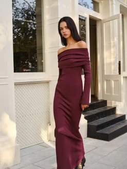 COMMENSE Sweater Dresses|Sweater Dresses^Off-Shoulder Sweater Skinny Dress Burgundy