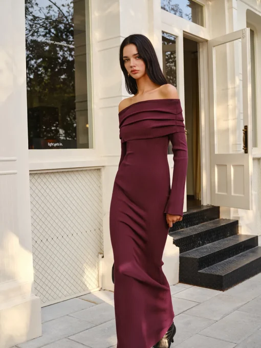 COMMENSE Sweater Dresses|Sweater Dresses^Off-Shoulder Sweater Skinny Dress Burgundy