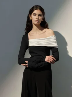 COMMENSE T-shirts|Tops^One-Shoulder Ruched Slim Top BlackandWhite