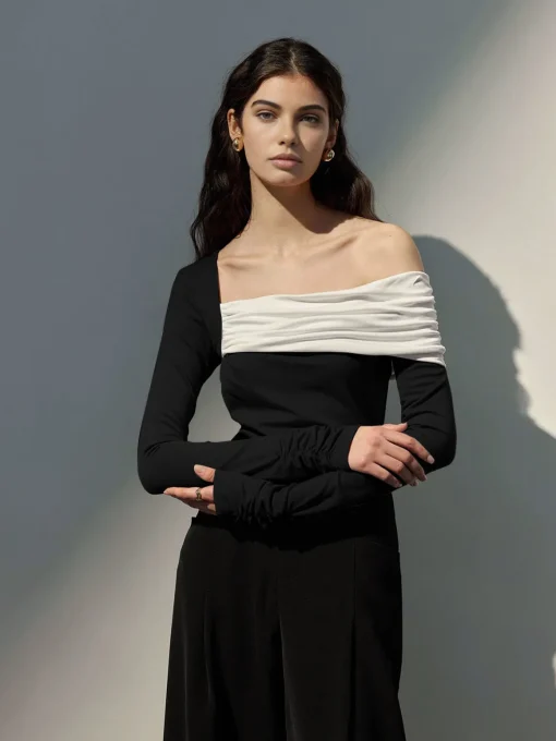 COMMENSE T-shirts|Tops^One-Shoulder Ruched Slim Top BlackandWhite