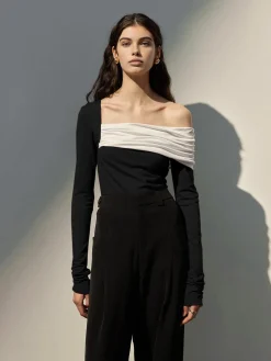 COMMENSE T-shirts|Tops^One-Shoulder Ruched Slim Top BlackandWhite