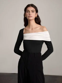 COMMENSE T-shirts|Tops^One-Shoulder Ruched Slim Top BlackandWhite