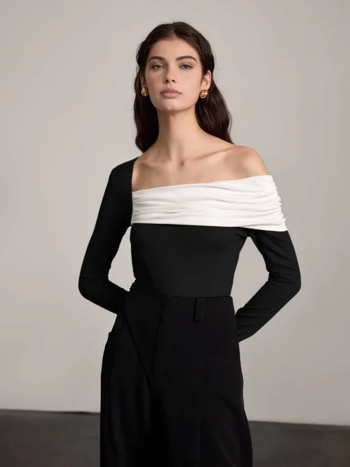 COMMENSE T-shirts|Tops^One-Shoulder Ruched Slim Top BlackandWhite