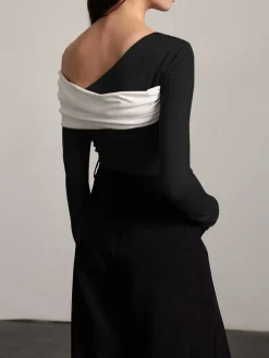 COMMENSE T-shirts|Tops^One-Shoulder Ruched Slim Top BlackandWhite