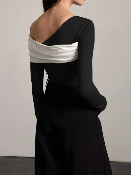 COMMENSE T-shirts|Tops^One-Shoulder Ruched Slim Top BlackandWhite