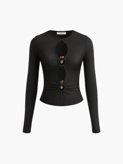 COMMENSE Tops^O-Ring Cutout Long Sleeve T-Shirt Black