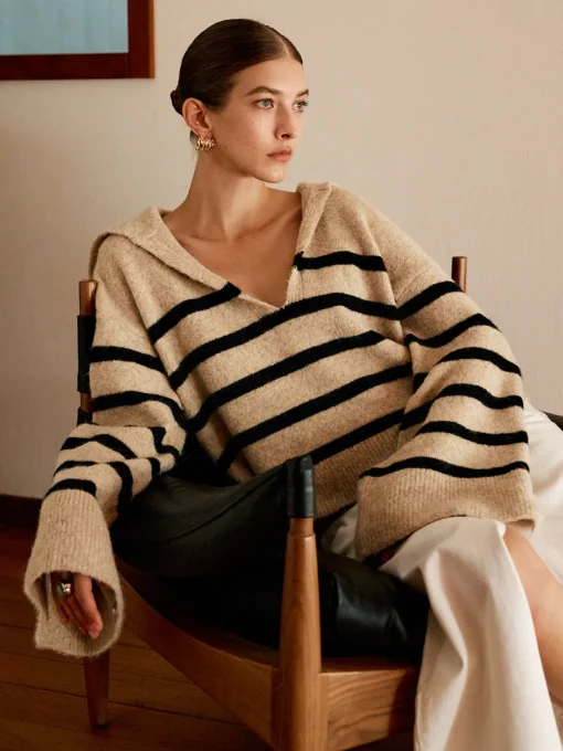 COMMENSE Sweater Tops|Sweaters & Cardigans^Oversize Striped Pullover Sweater Apricot
