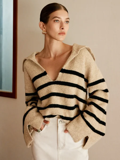 COMMENSE Sweater Tops|Sweaters & Cardigans^Oversize Striped Pullover Sweater Apricot