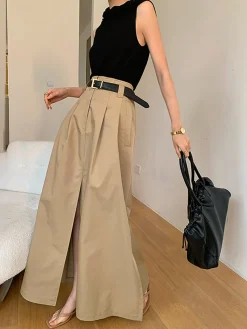 COMMENSE Skirts|Bottoms^Oversized Cotton Split Maxi Skirt Without Belt Khaki